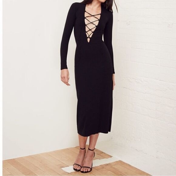 Reformation Edison Lace Up Ribbed Midi Dress Black - Picture 2 of 7
